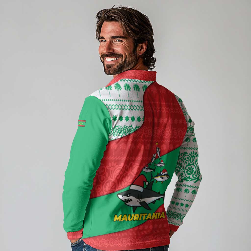 Mauritania Christmas Long Sleeve Polo Shirt with Santa Sharks Festive Fish Pattern and Red Green Holiday Design - Wonder Print Shop