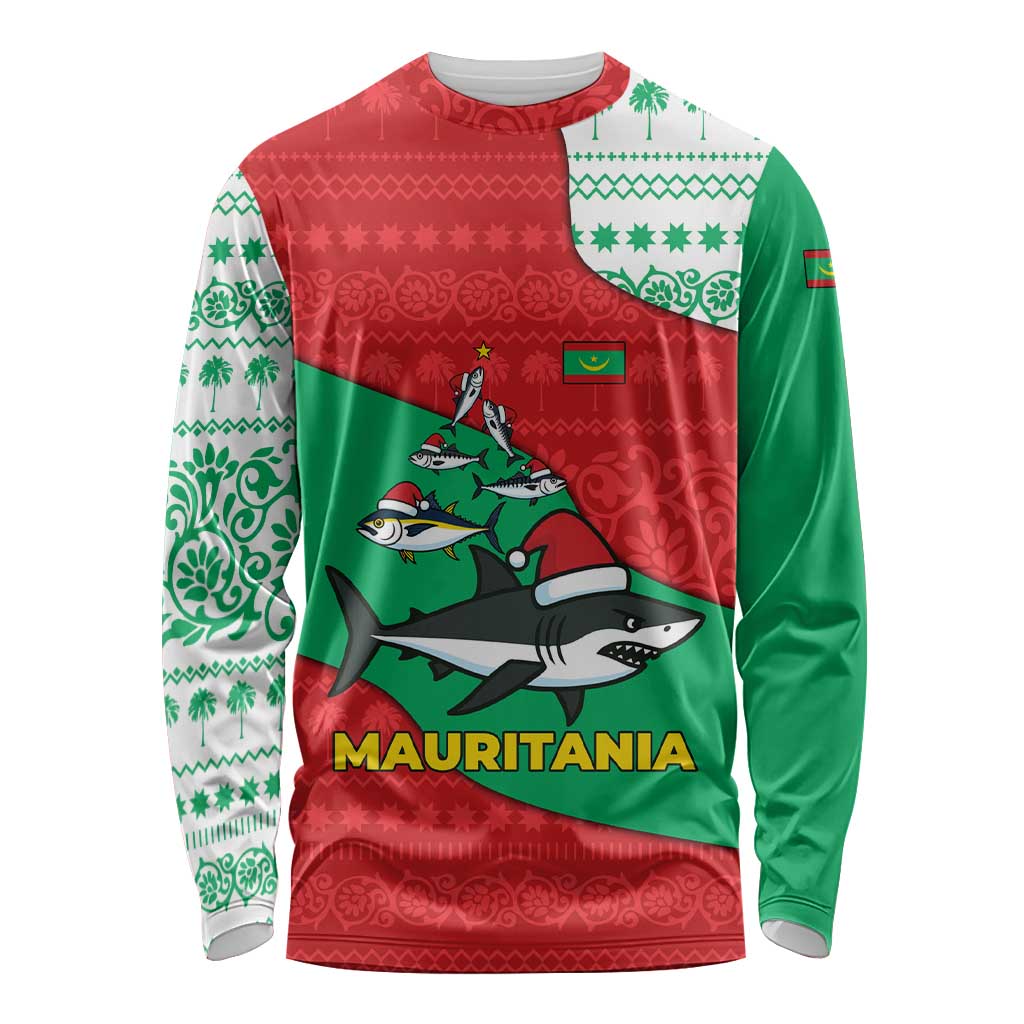 Mauritania Christmas Long Sleeve Shirt with Santa Sharks Festive Fish Pattern and Red Green Holiday Design - Wonder Print Shop