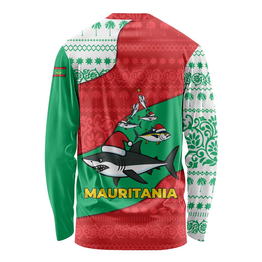 Mauritania Christmas Long Sleeve Shirt with Santa Sharks Festive Fish Pattern and Red Green Holiday Design - Wonder Print Shop