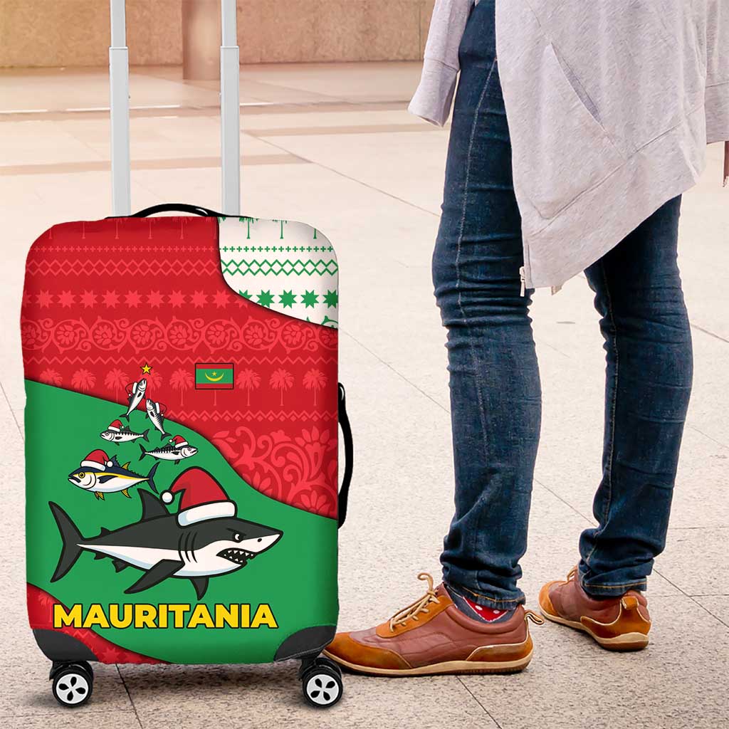 Mauritania Christmas Luggage Cover with Santa Sharks Festive Fish Pattern and Red Green Holiday Design - Wonder Print Shop