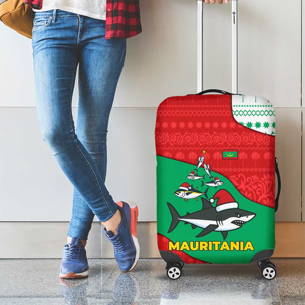Mauritania Christmas Luggage Cover with Santa Sharks Festive Fish Pattern and Red Green Holiday Design - Wonder Print Shop
