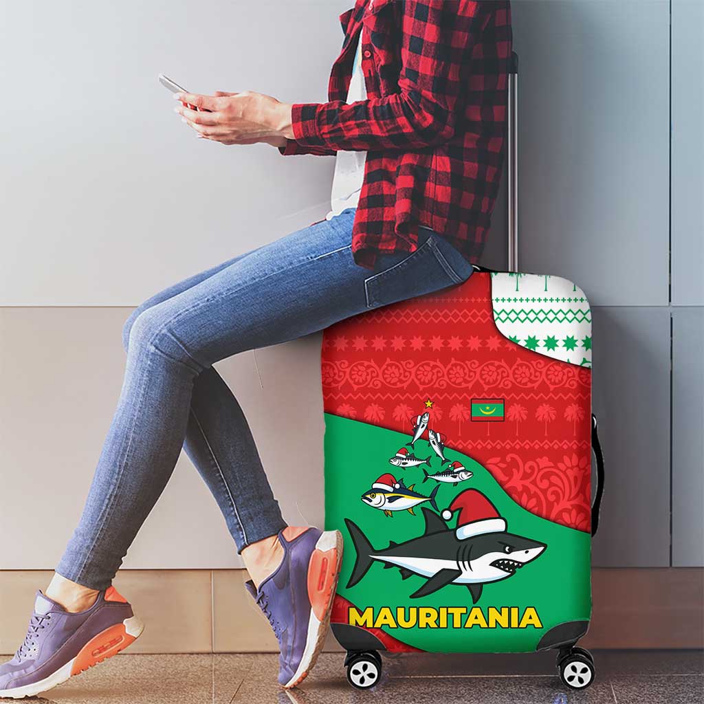 Mauritania Christmas Luggage Cover with Santa Sharks Festive Fish Pattern and Red Green Holiday Design - Wonder Print Shop