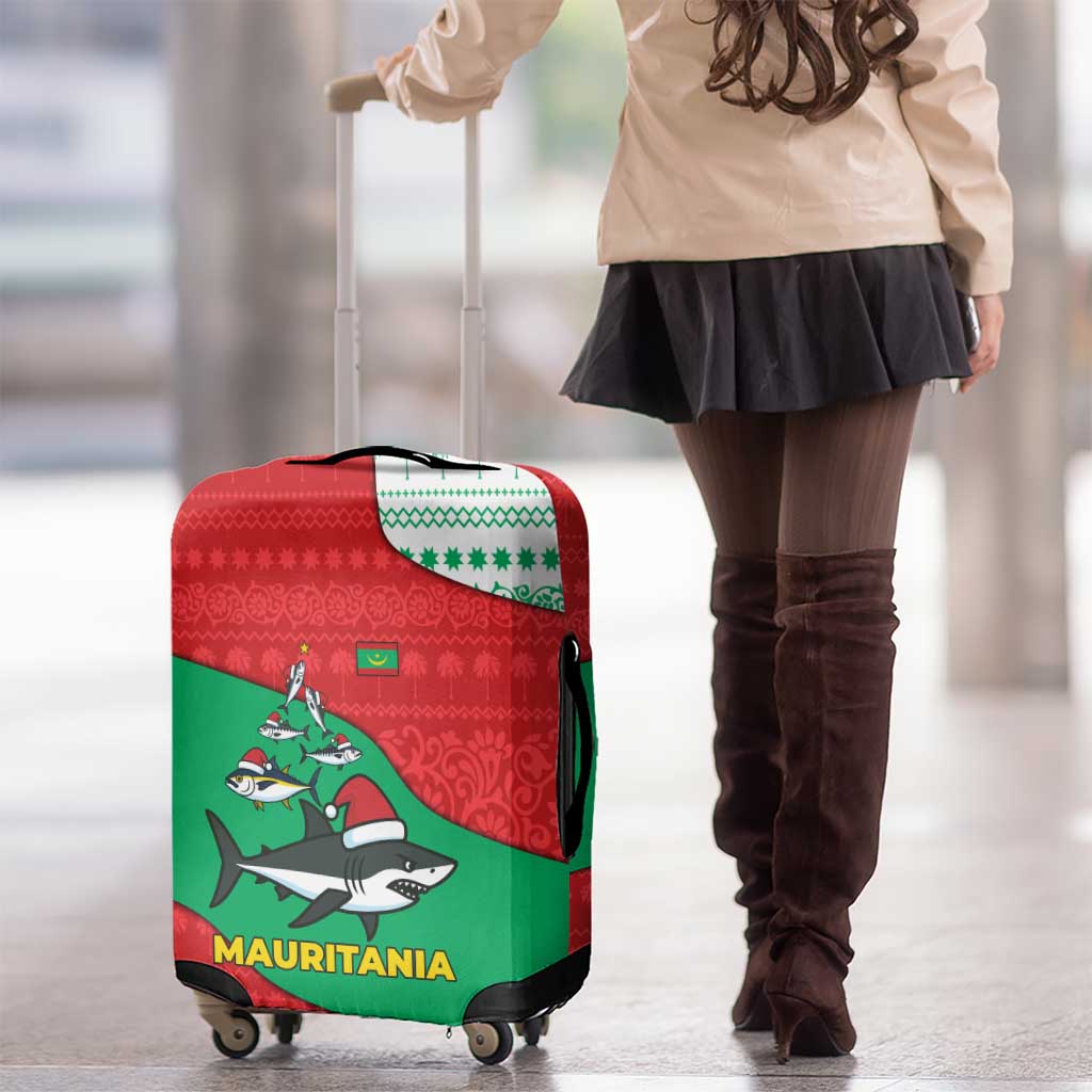 Mauritania Christmas Luggage Cover with Santa Sharks Festive Fish Pattern and Red Green Holiday Design - Wonder Print Shop