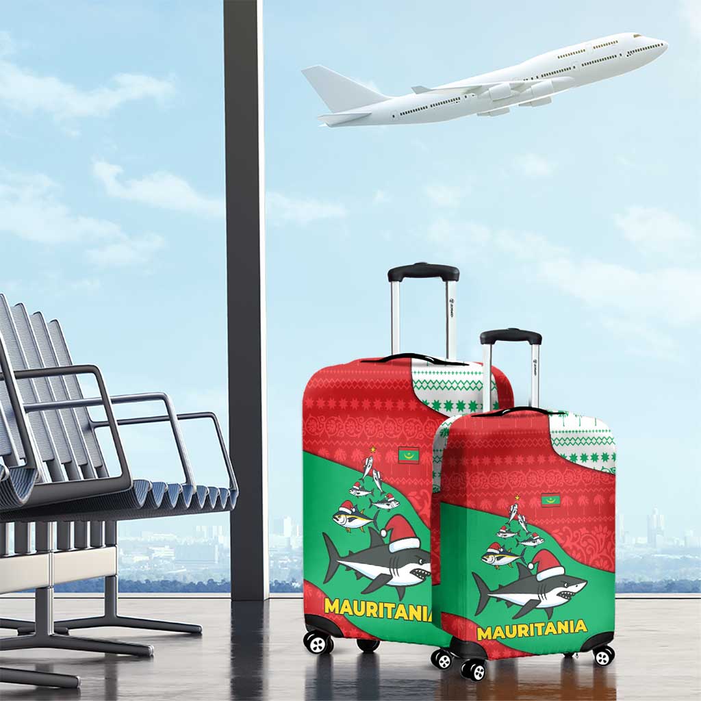 Mauritania Christmas Luggage Cover with Santa Sharks Festive Fish Pattern and Red Green Holiday Design - Wonder Print Shop