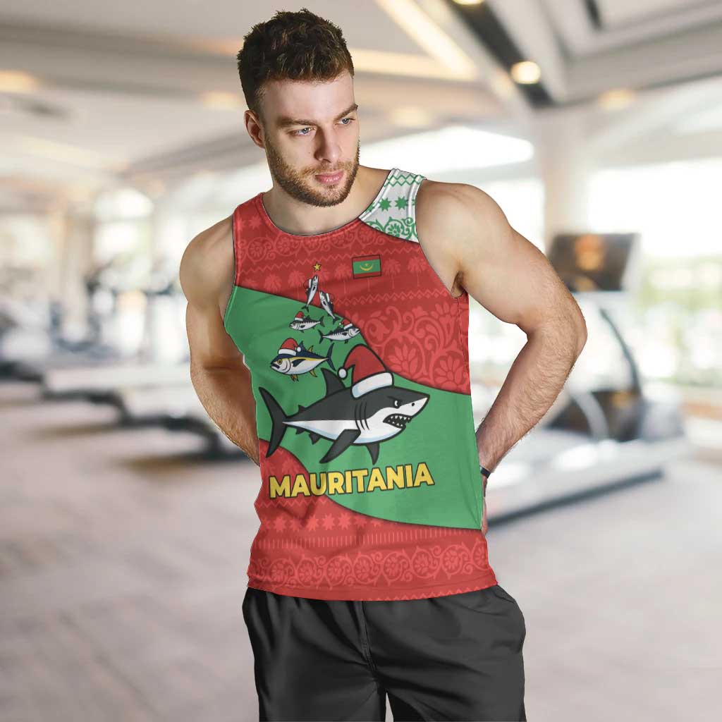 Mauritania Christmas Men Tank Top with Santa Sharks Festive Fish Pattern and Red Green Holiday Design - Wonder Print Shop