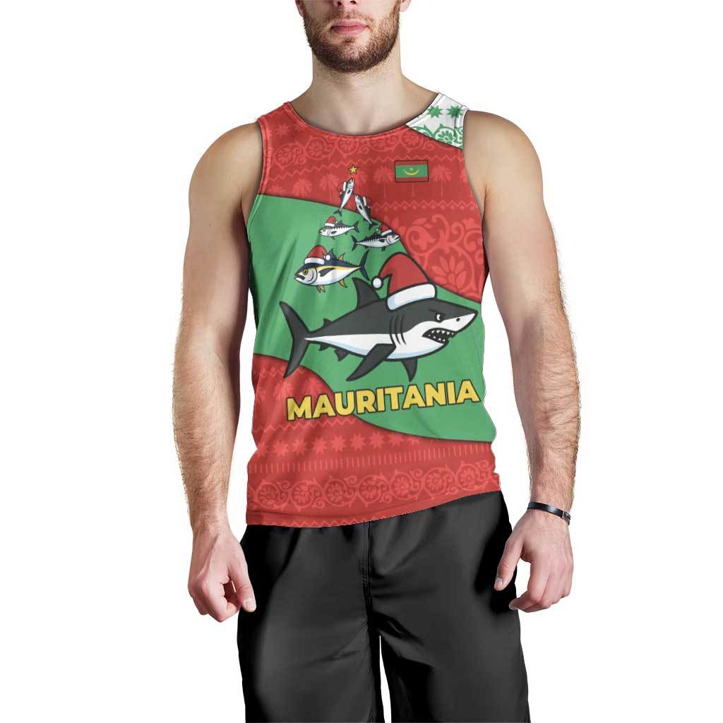Mauritania Christmas Men Tank Top with Santa Sharks Festive Fish Pattern and Red Green Holiday Design - Wonder Print Shop