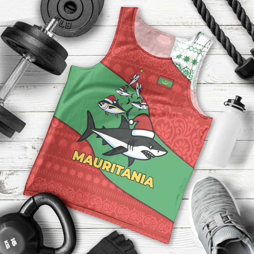 Mauritania Christmas Men Tank Top with Santa Sharks Festive Fish Pattern and Red Green Holiday Design - Wonder Print Shop