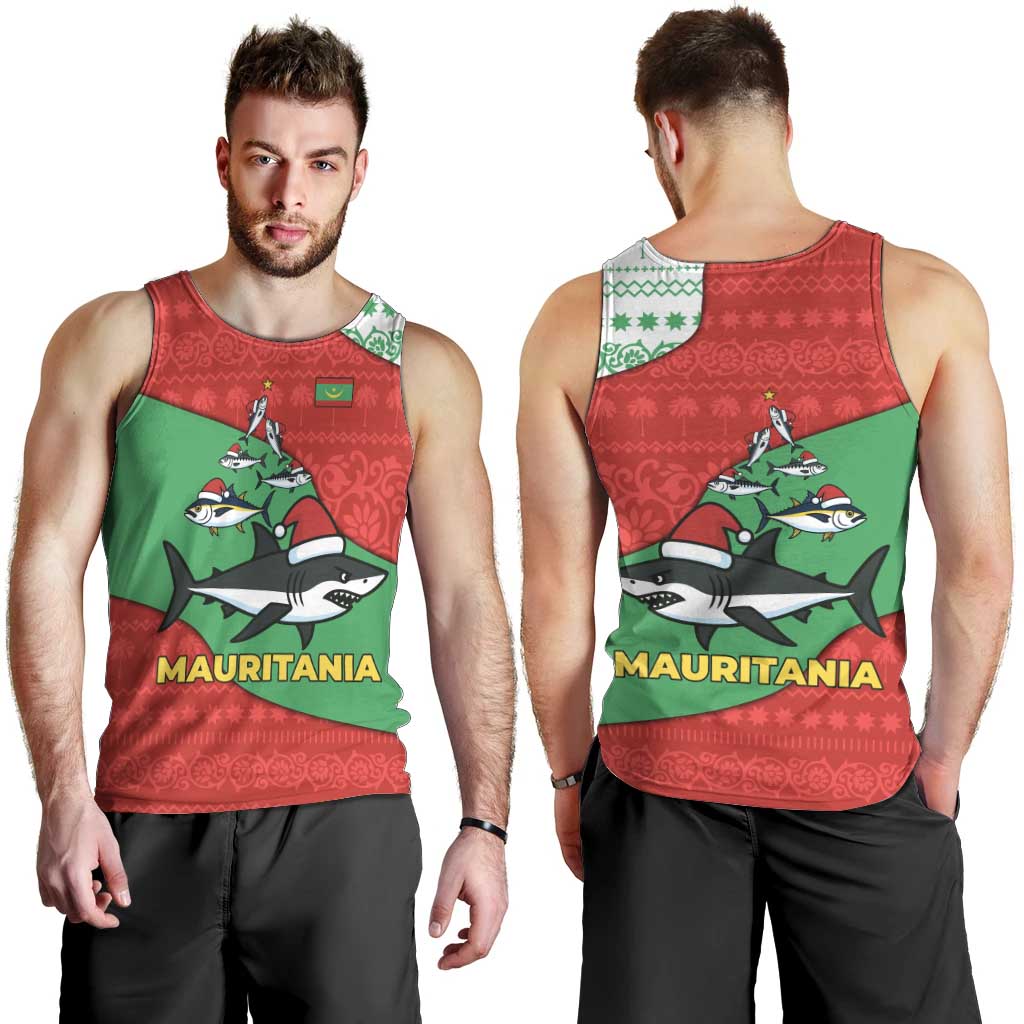 Mauritania Christmas Men Tank Top with Santa Sharks Festive Fish Pattern and Red Green Holiday Design - Wonder Print Shop