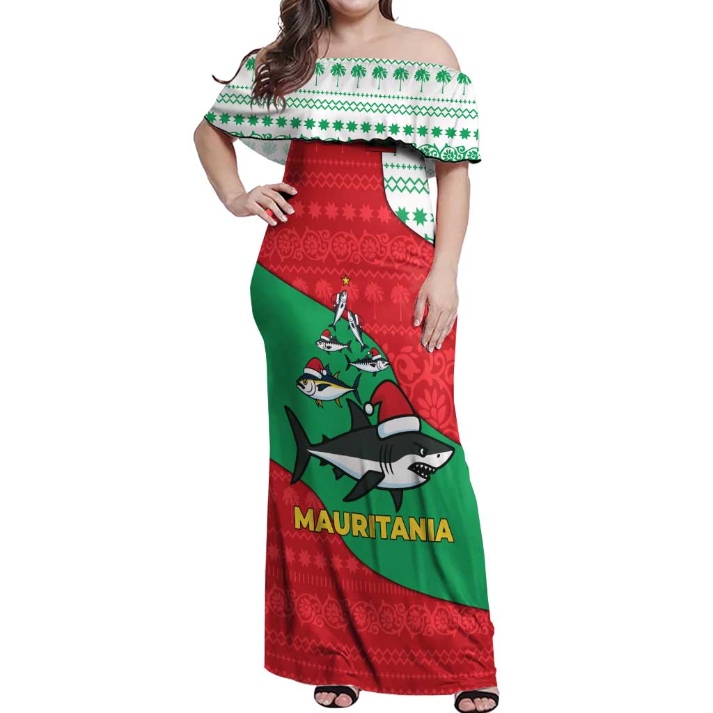 Mauritania Christmas Off Shoulder Maxi Dress with Santa Sharks Festive Fish Pattern and Red Green Holiday Design - Wonder Print Shop