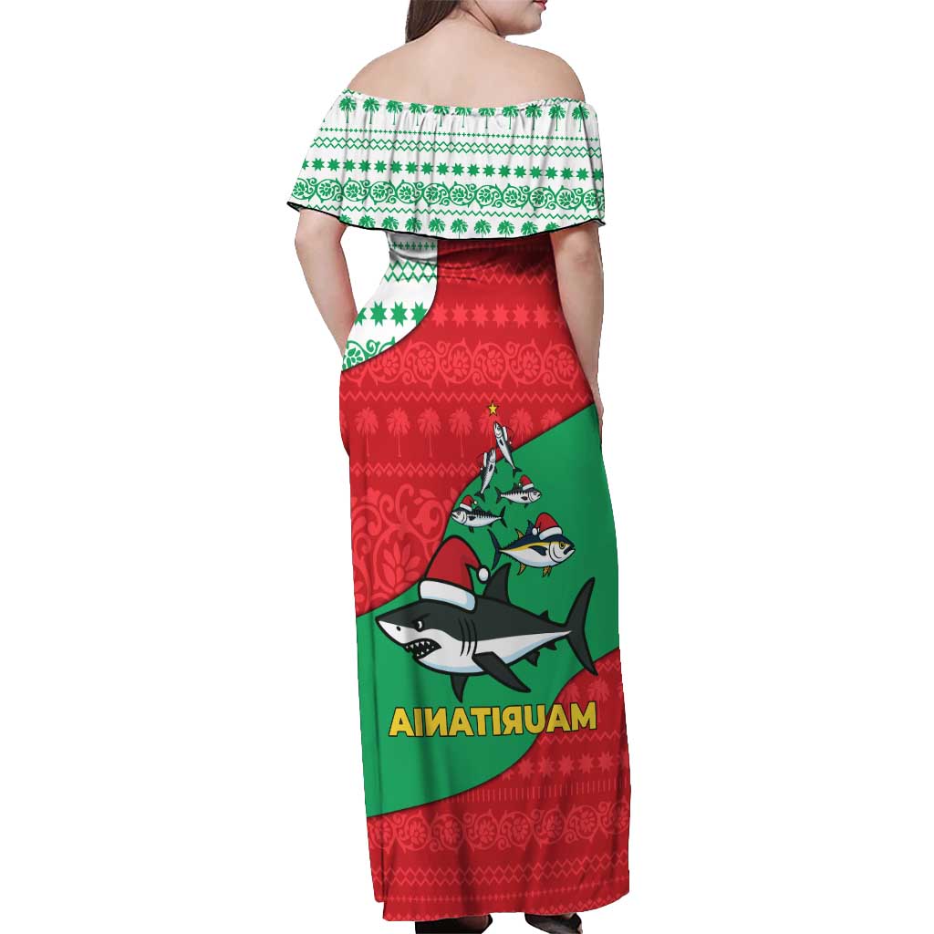 Mauritania Christmas Off Shoulder Maxi Dress with Santa Sharks Festive Fish Pattern and Red Green Holiday Design - Wonder Print Shop