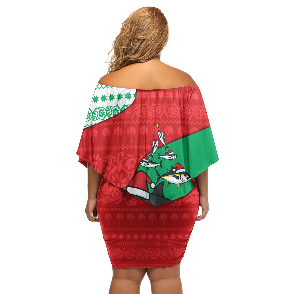 Mauritania Christmas Off Shoulder Short Dress with Santa Sharks Festive Fish Pattern and Red Green Holiday Design - Wonder Print Shop