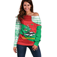Mauritania Christmas Off Shoulder Sweater with Santa Sharks Festive Fish Pattern and Red Green Holiday Design - Wonder Print Shop