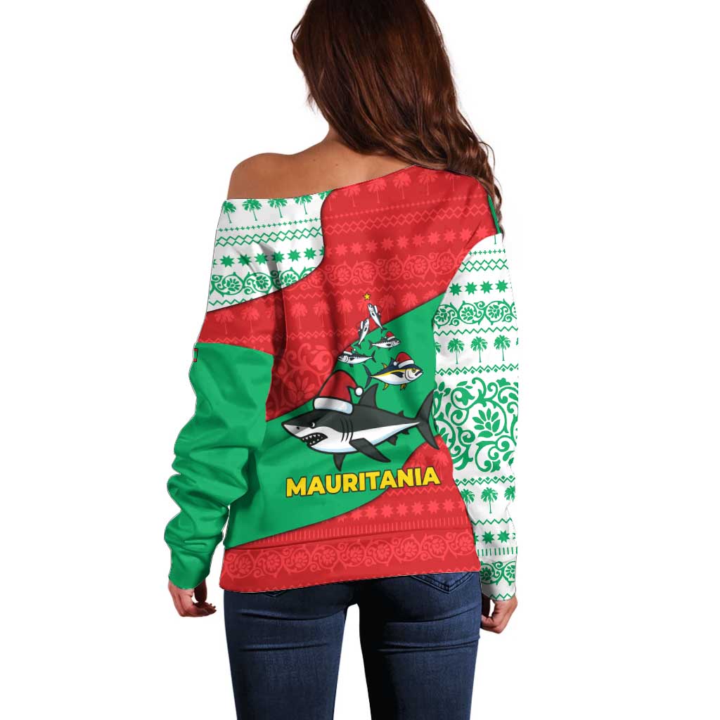 Mauritania Christmas Off Shoulder Sweater with Santa Sharks Festive Fish Pattern and Red Green Holiday Design - Wonder Print Shop