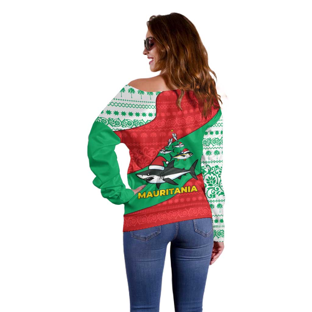 Mauritania Christmas Off Shoulder Sweater with Santa Sharks Festive Fish Pattern and Red Green Holiday Design - Wonder Print Shop