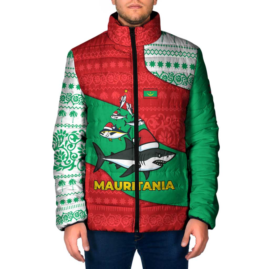 Mauritania Christmas Padded Jacket with Santa Sharks Festive Fish Pattern and Red Green Holiday Design - Wonder Print Shop