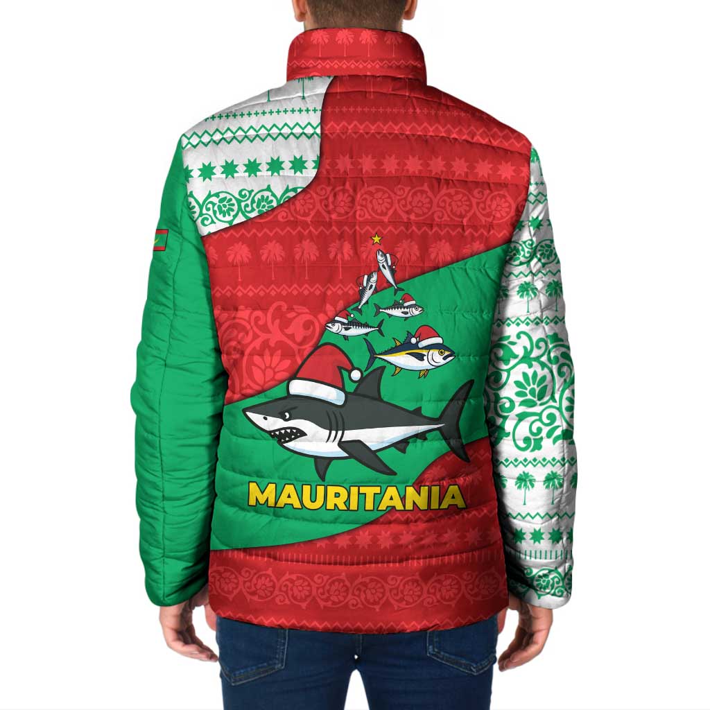 Mauritania Christmas Padded Jacket with Santa Sharks Festive Fish Pattern and Red Green Holiday Design - Wonder Print Shop