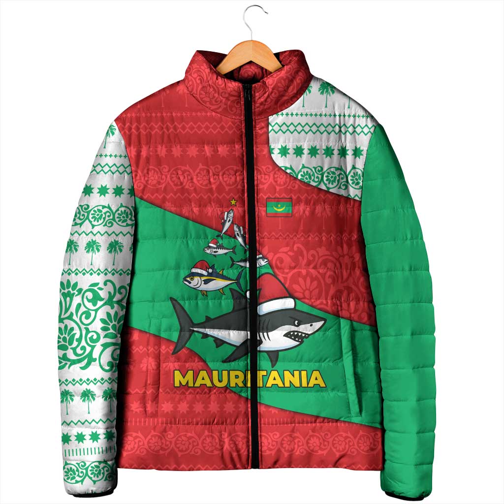 Mauritania Christmas Padded Jacket with Santa Sharks Festive Fish Pattern and Red Green Holiday Design - Wonder Print Shop