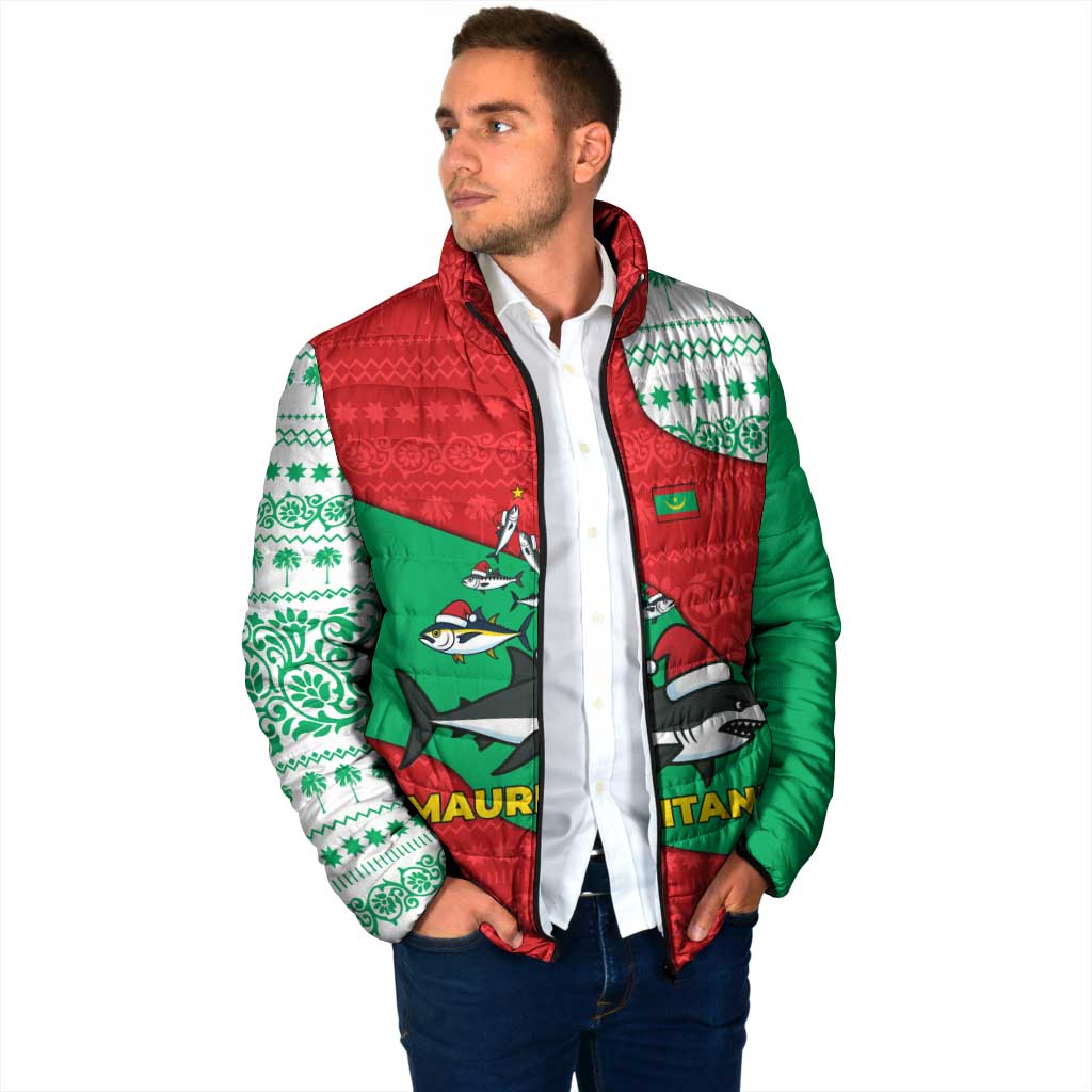 Mauritania Christmas Padded Jacket with Santa Sharks Festive Fish Pattern and Red Green Holiday Design - Wonder Print Shop
