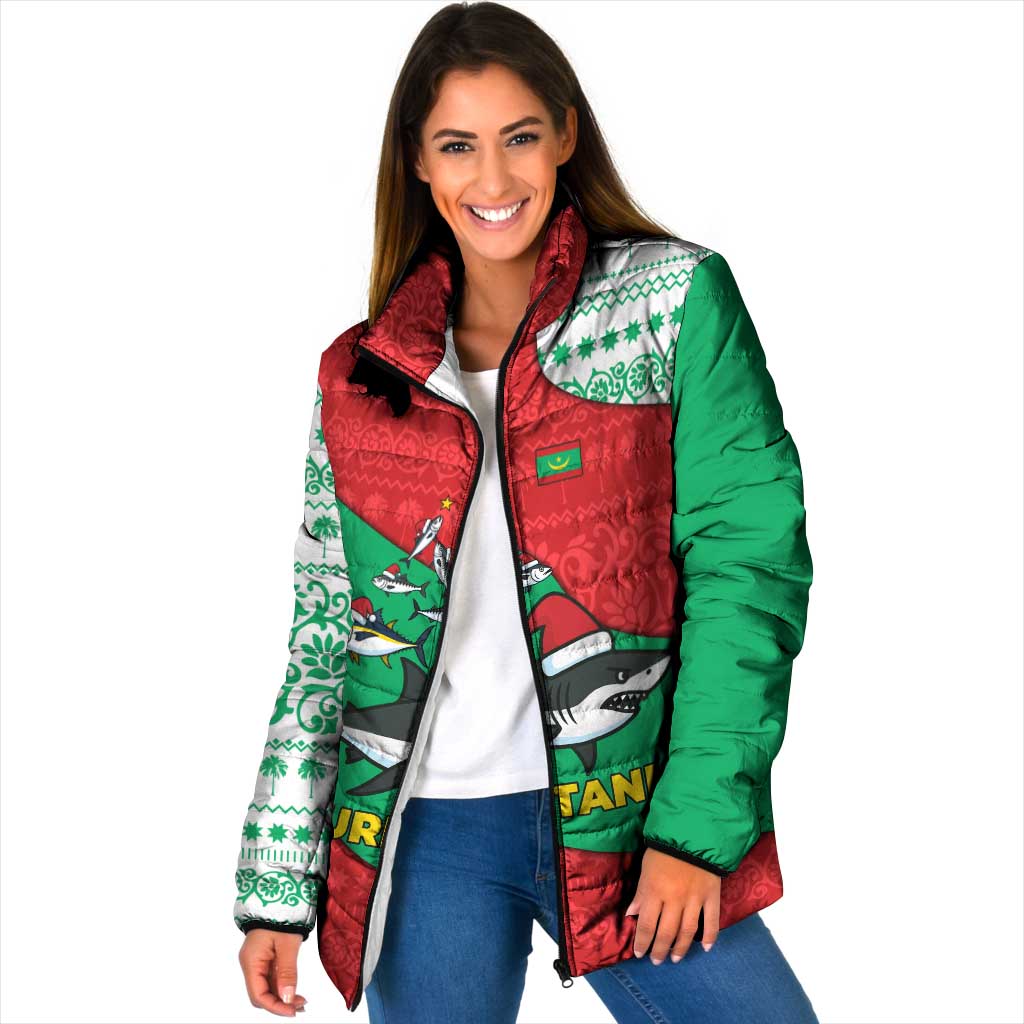 Mauritania Christmas Padded Jacket with Santa Sharks Festive Fish Pattern and Red Green Holiday Design - Wonder Print Shop