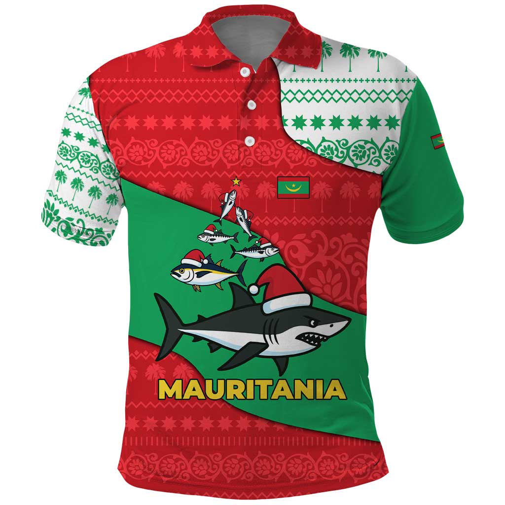 Mauritania Christmas Polo Shirt with Santa Sharks Festive Fish Pattern and Red Green Holiday Design - Wonder Print Shop