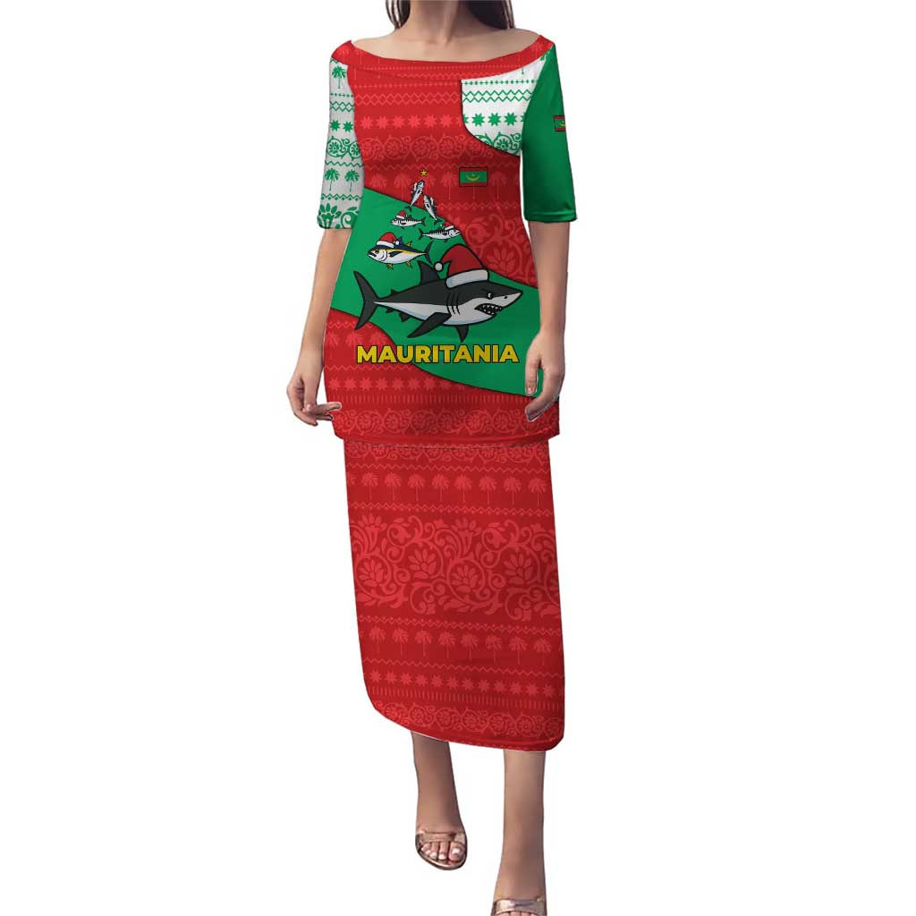 Mauritania Christmas Puletasi with Santa Sharks Festive Fish Pattern and Red Green Holiday Design - Wonder Print Shop