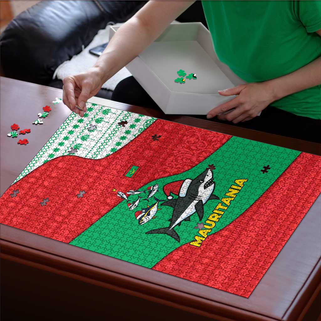 Mauritania Christmas Puzzle with Santa Sharks Festive Fish Pattern and Red Green Holiday Design - Wonder Print Shop