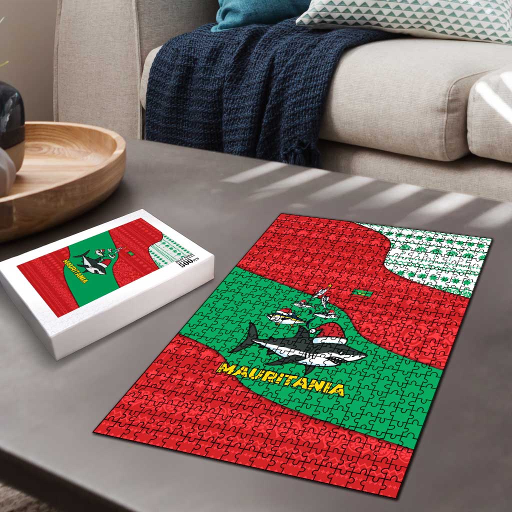 Mauritania Christmas Puzzle with Santa Sharks Festive Fish Pattern and Red Green Holiday Design - Wonder Print Shop
