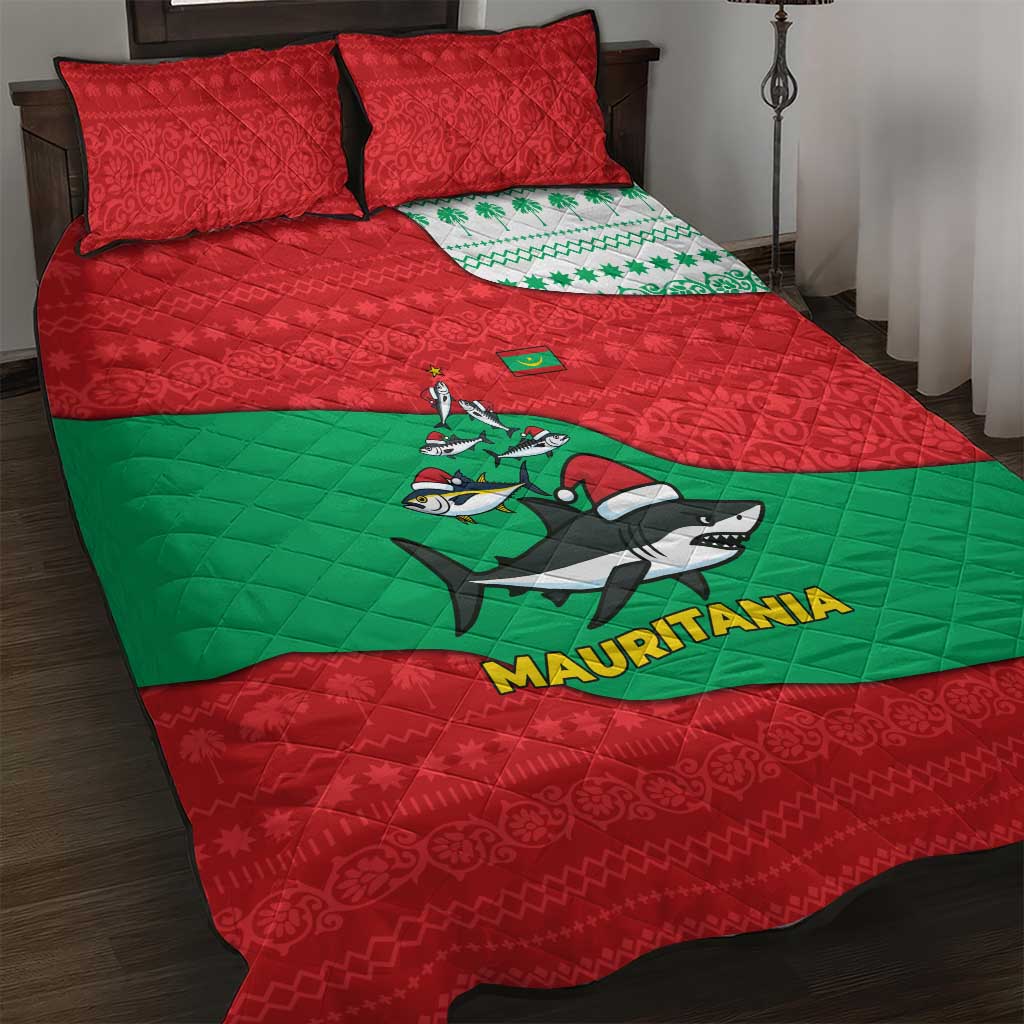 Mauritania Christmas Quilt Bed Set with Santa Sharks Festive Fish Pattern and Red Green Holiday Design - Wonder Print Shop