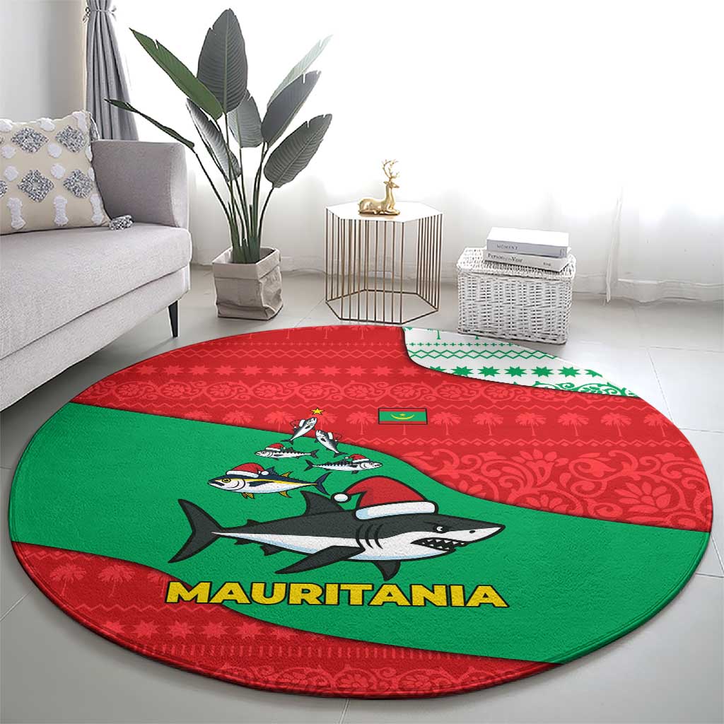 Mauritania Christmas Round Carpet with Santa Sharks Festive Fish Pattern and Red Green Holiday Design - Wonder Print Shop