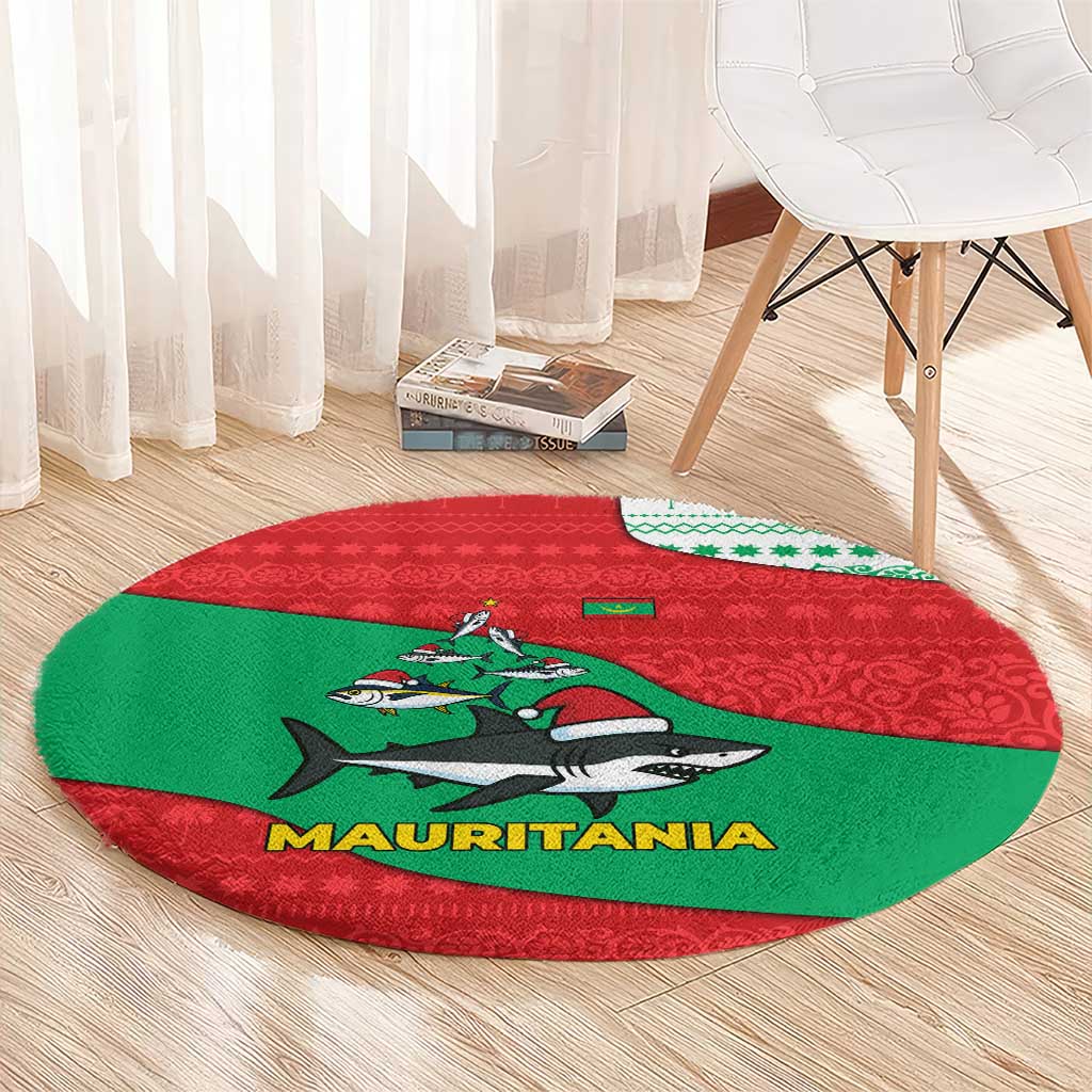 Mauritania Christmas Round Carpet with Santa Sharks Festive Fish Pattern and Red Green Holiday Design - Wonder Print Shop