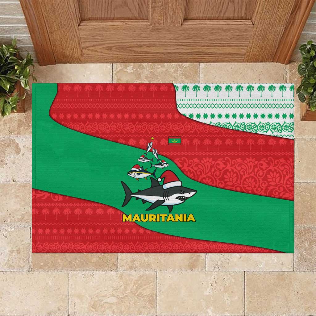 Mauritania Christmas Rubber Doormat with Santa Sharks Festive Fish Pattern and Red Green Holiday Design - undefined