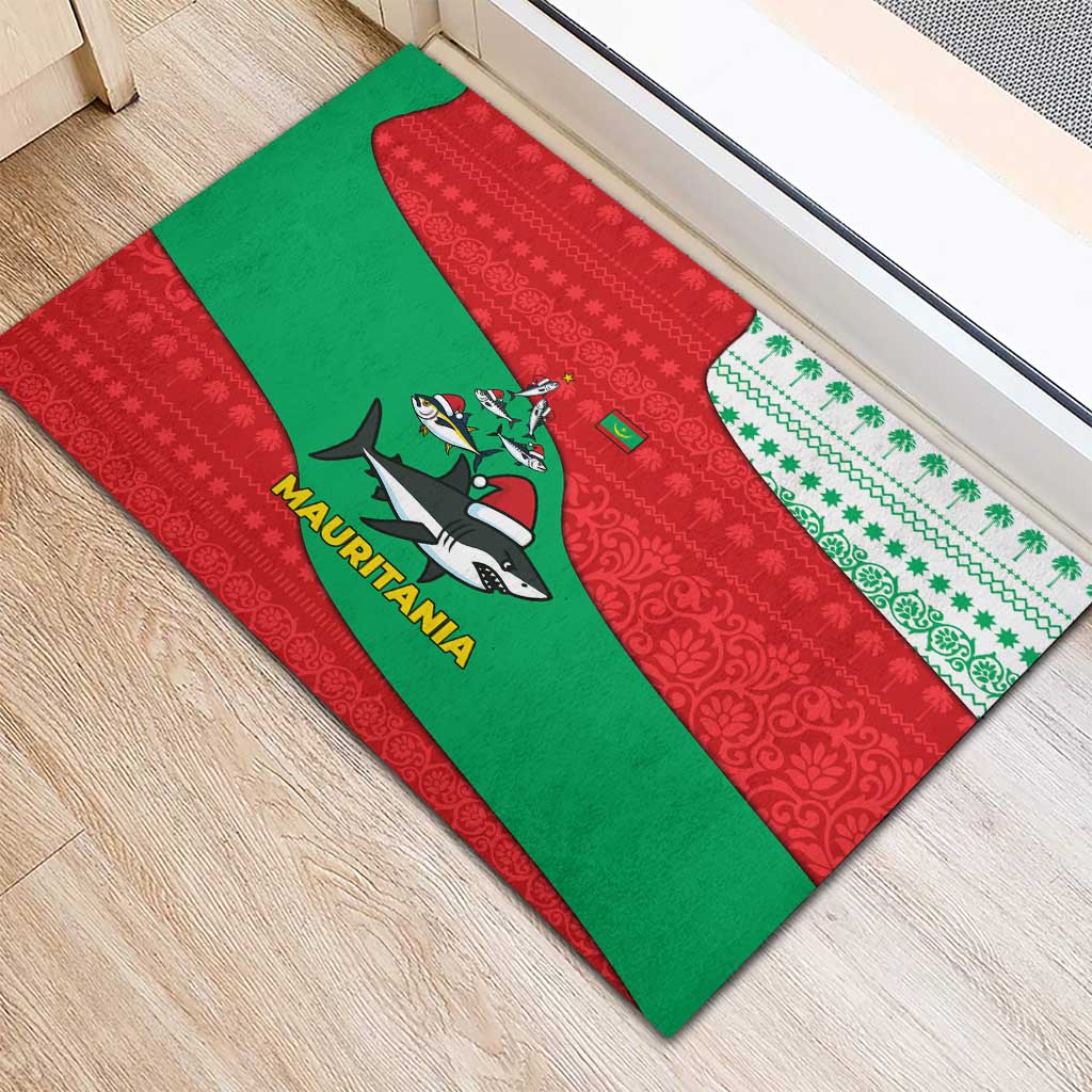 Mauritania Christmas Rubber Doormat with Santa Sharks Festive Fish Pattern and Red Green Holiday Design - undefined