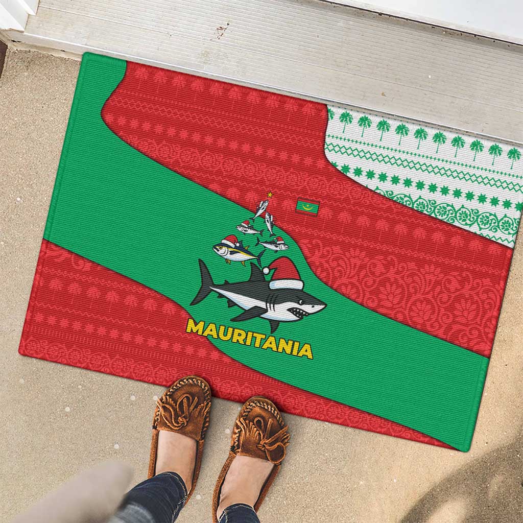 Mauritania Christmas Rubber Doormat with Santa Sharks Festive Fish Pattern and Red Green Holiday Design - undefined
