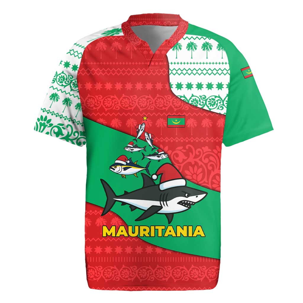 Mauritania Christmas Rugby Jersey with Santa Sharks Festive Fish Pattern and Red Green Holiday Design - Wonder Print Shop