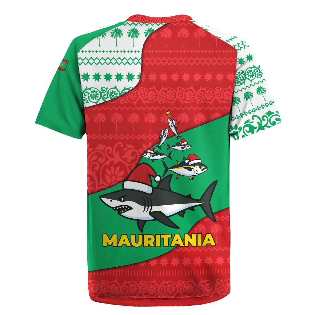 Mauritania Christmas Rugby Jersey with Santa Sharks Festive Fish Pattern and Red Green Holiday Design - Wonder Print Shop