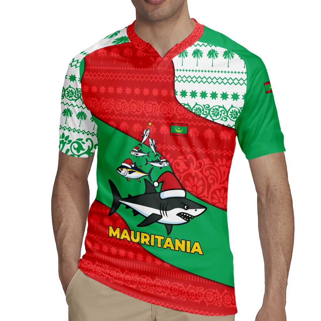Mauritania Christmas Rugby Jersey with Santa Sharks Festive Fish Pattern and Red Green Holiday Design - Wonder Print Shop