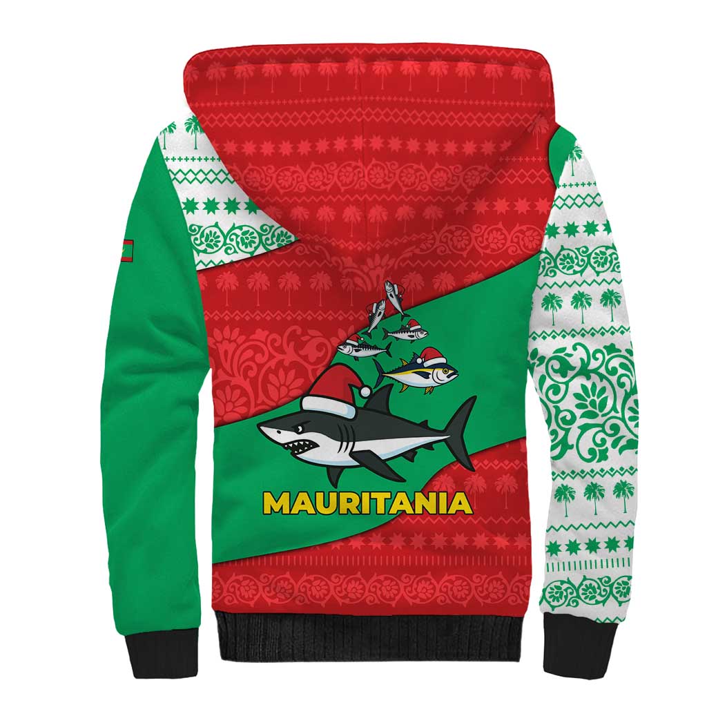 Mauritania Christmas Sherpa Hoodie with Santa Sharks Festive Fish Pattern and Red Green Holiday Design - Wonder Print Shop