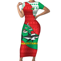 Mauritania Christmas Short Sleeve Bodycon Dress with Santa Sharks Festive Fish Pattern and Red Green Holiday Design - Wonder Print Shop