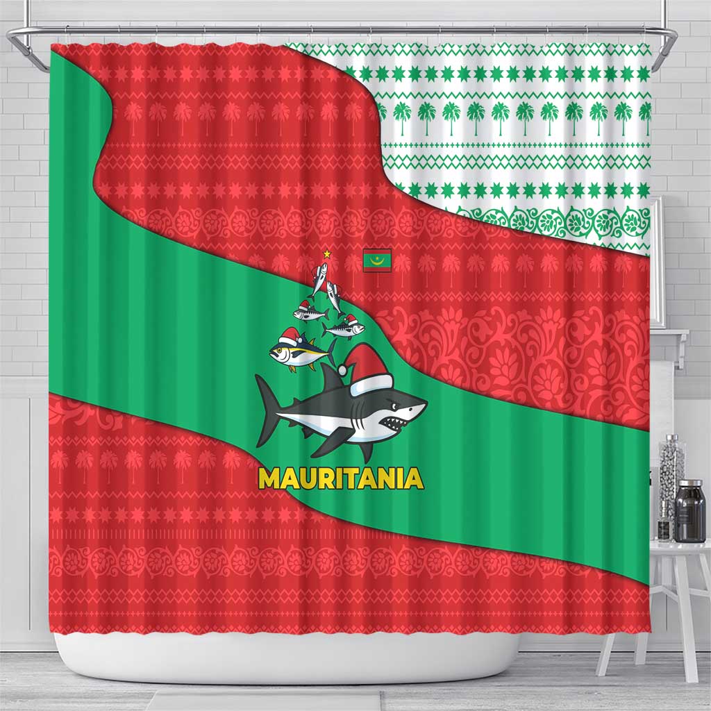 Mauritania Christmas Shower Curtain with Santa Sharks Festive Fish Pattern and Red Green Holiday Design - Wonder Print Shop