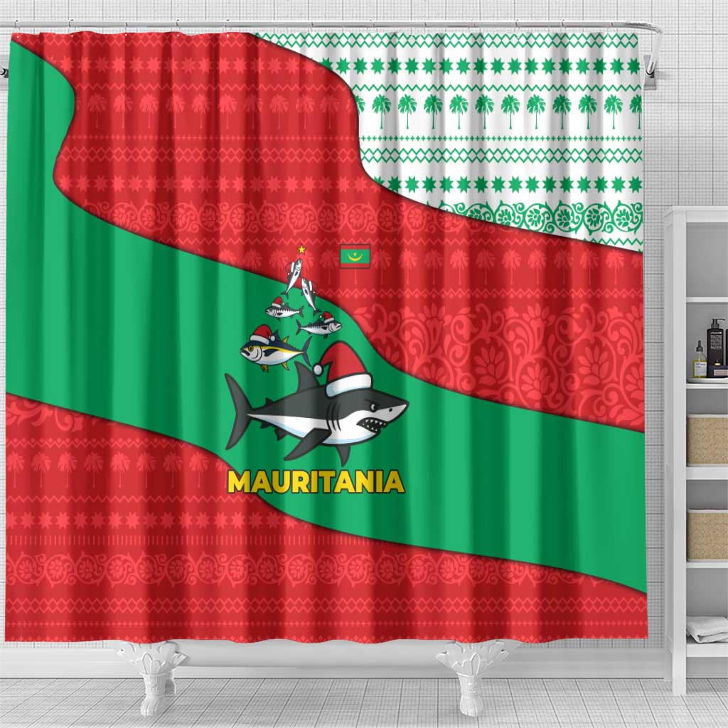 Mauritania Christmas Shower Curtain with Santa Sharks Festive Fish Pattern and Red Green Holiday Design - Wonder Print Shop