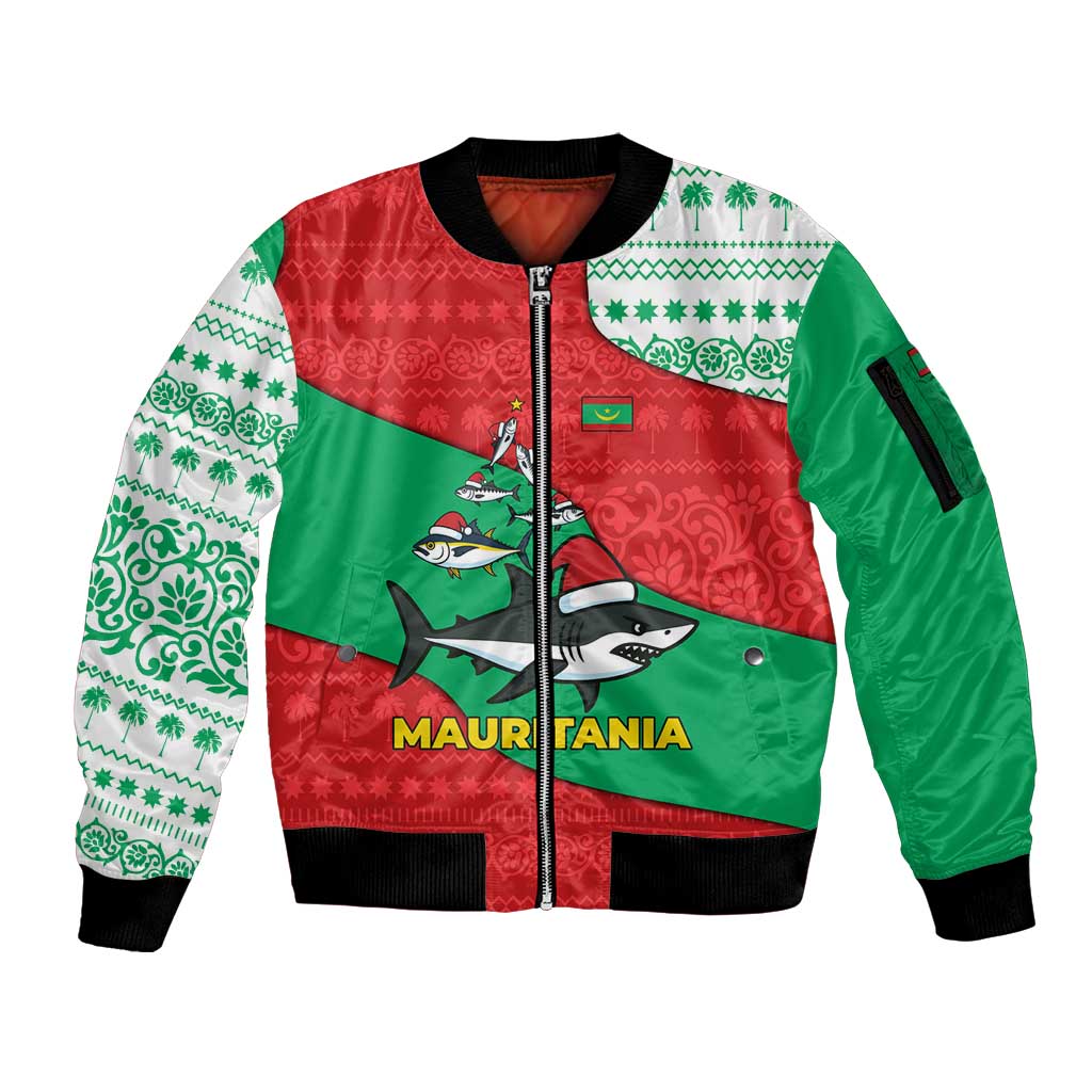 Mauritania Christmas Sleeve Zip Bomber Jacket with Santa Sharks Festive Fish Pattern and Red Green Holiday Design - Wonder Print Shop