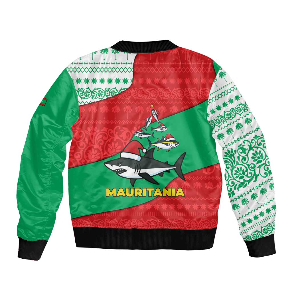 Mauritania Christmas Sleeve Zip Bomber Jacket with Santa Sharks Festive Fish Pattern and Red Green Holiday Design - Wonder Print Shop