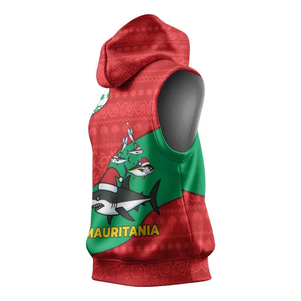 Mauritania Christmas Sleeveless Hoodie with Santa Sharks Festive Fish Pattern and Red Green Holiday Design - Wonder Print Shop