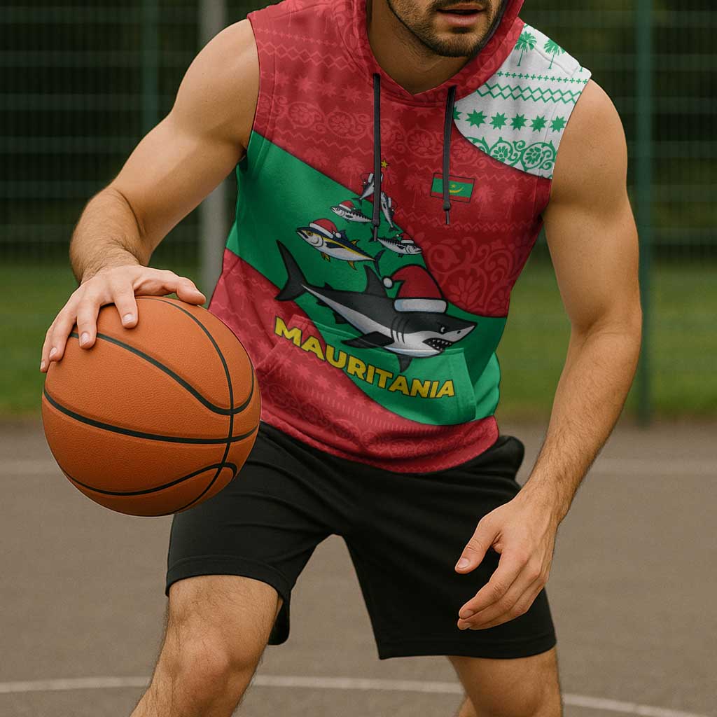 Mauritania Christmas Sleeveless Hoodie with Santa Sharks Festive Fish Pattern and Red Green Holiday Design - Wonder Print Shop