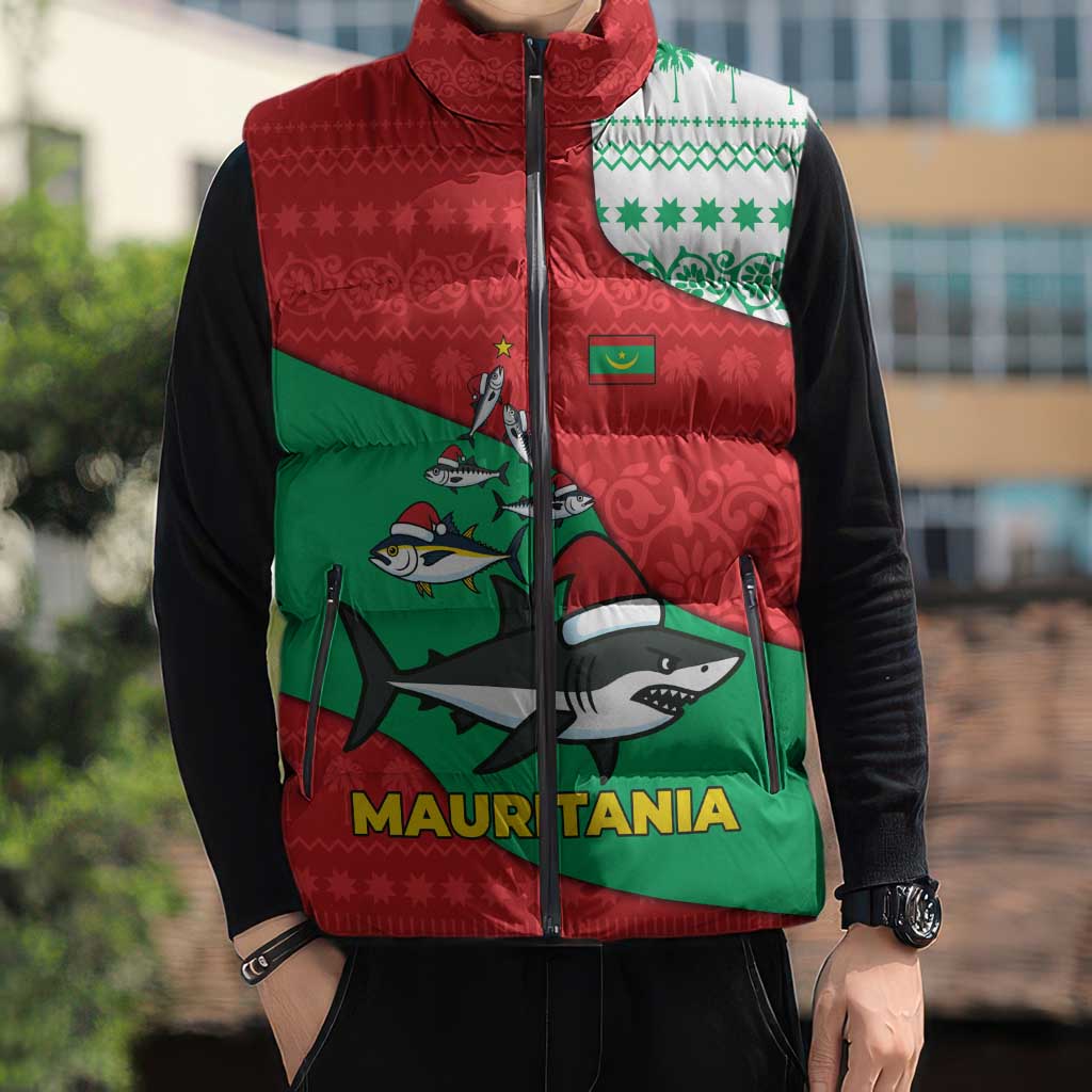 Mauritania Christmas Sleeveless Puffer Jacket with Santa Sharks Festive Fish Pattern and Red Green Holiday Design - Wonder Print Shop