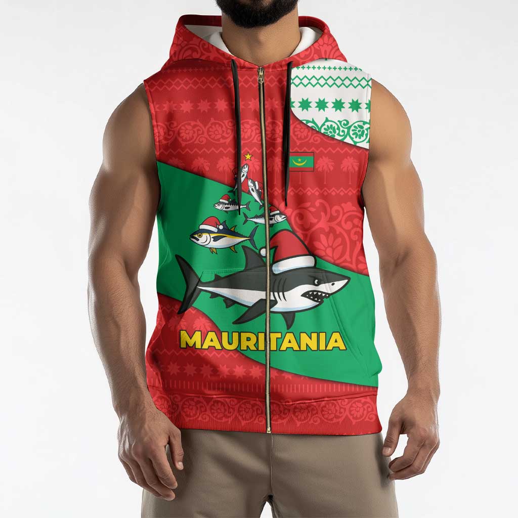 Mauritania Christmas Sleeveless Zip Hoodie with Santa Sharks Festive Fish Pattern and Red Green Holiday Design - Wonder Print Shop