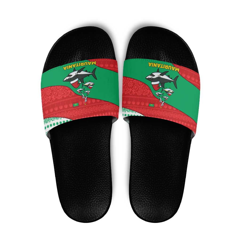 Mauritania Christmas Slide Sandals with Santa Sharks Festive Fish Pattern and Red Green Holiday Design - Wonder Print Shop