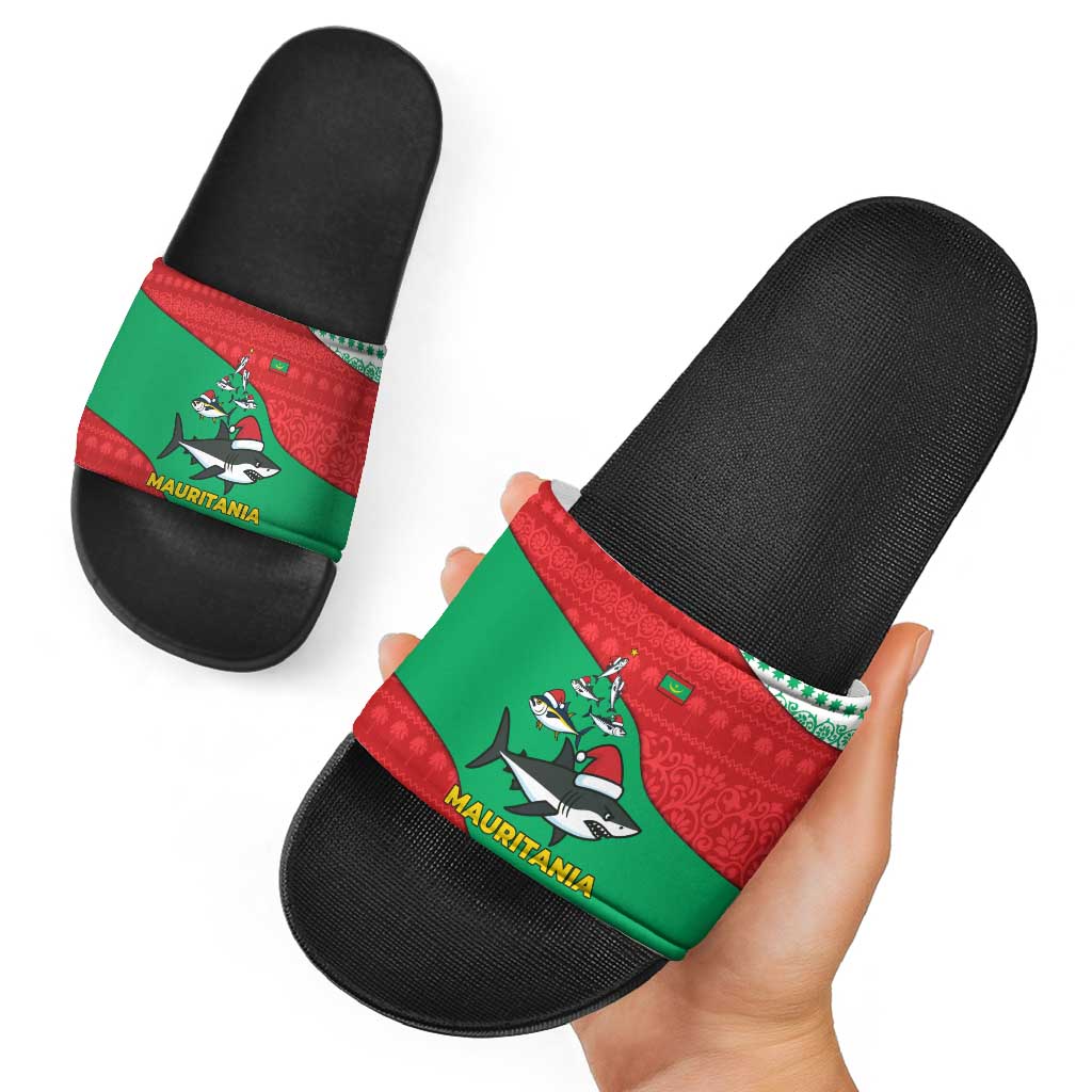 Mauritania Christmas Slide Sandals with Santa Sharks Festive Fish Pattern and Red Green Holiday Design - Wonder Print Shop