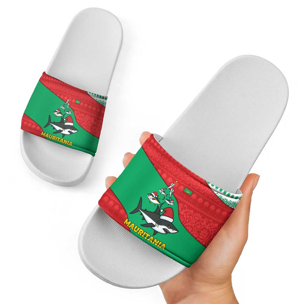 Mauritania Christmas Slide Sandals with Santa Sharks Festive Fish Pattern and Red Green Holiday Design - Wonder Print Shop