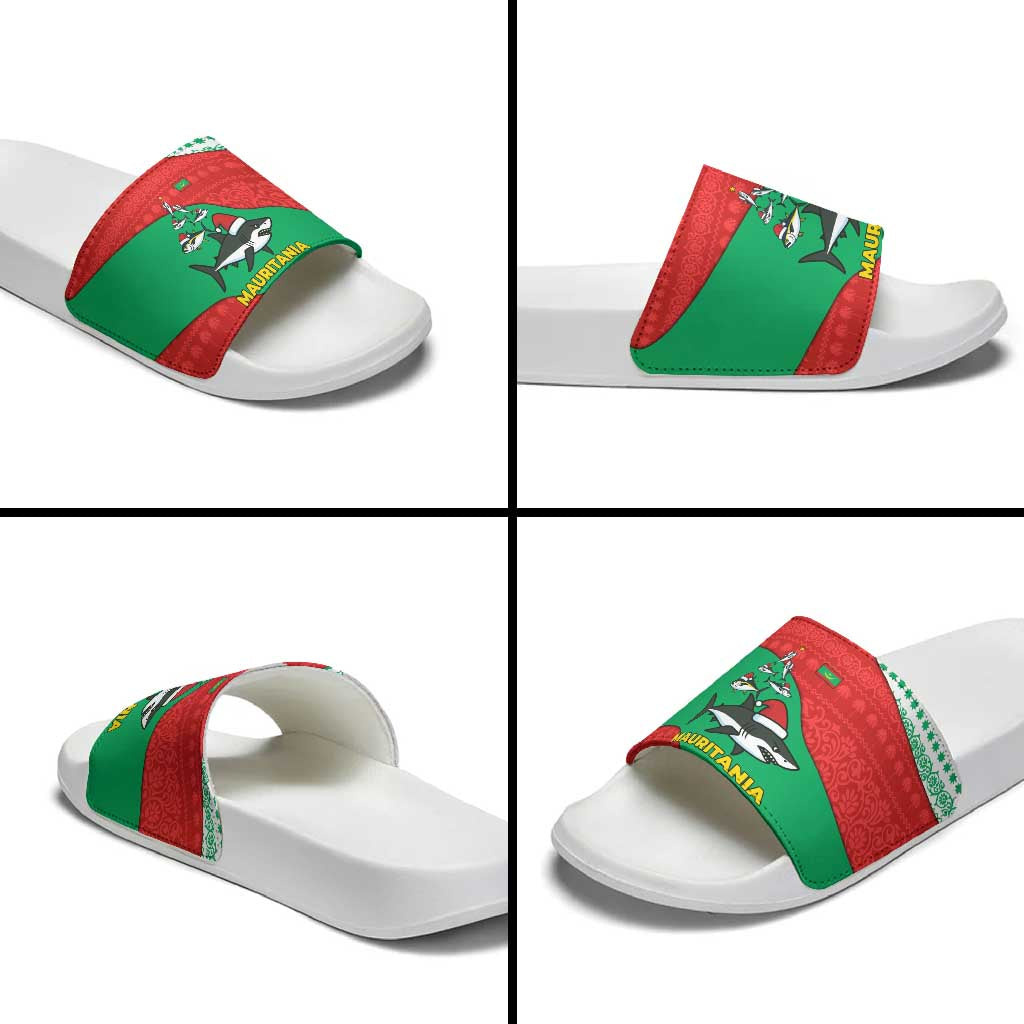 Mauritania Christmas Slide Sandals with Santa Sharks Festive Fish Pattern and Red Green Holiday Design - Wonder Print Shop